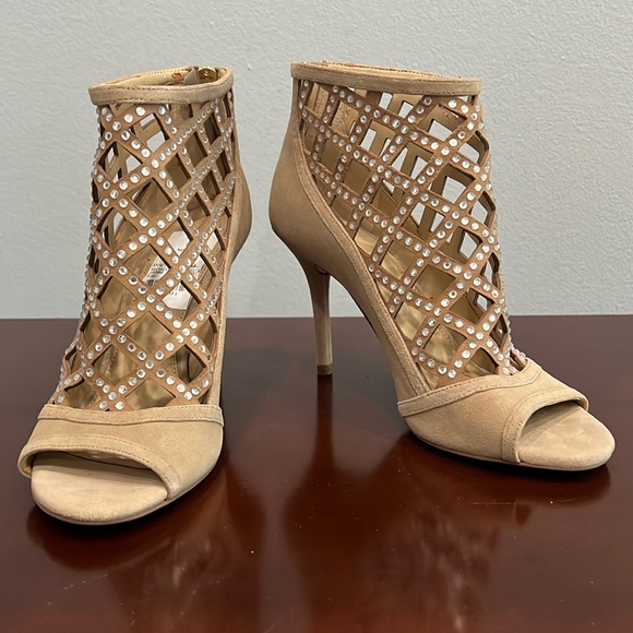 Michael Kors Yvonne Open Toe Bootie Khaki Suede Size 7M - Picture 1 of 14